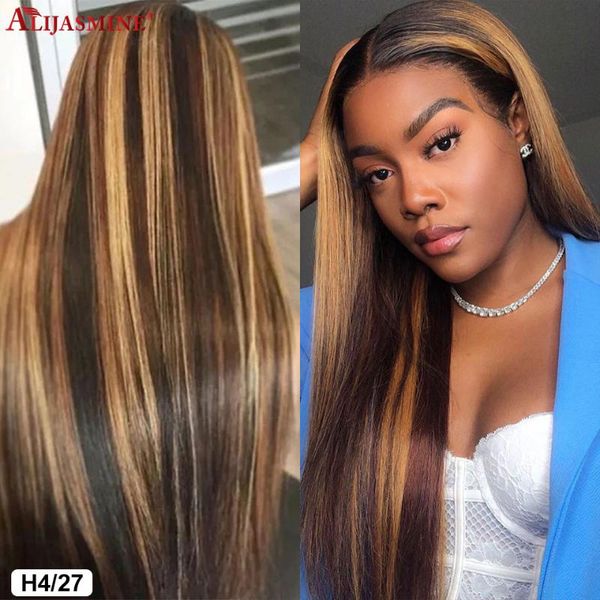 

lace front human hair wigs 150% straight 4/27 highlight ombre brown pre plucked brazilian remy honey blonde human hair wigs, Black;brown