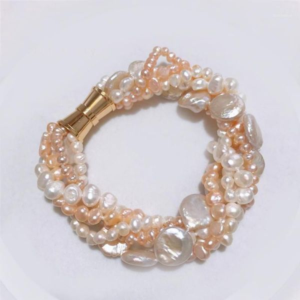 

beaded, strands 5 of natural freshwater irregular 4-6mm pearl 11-13mm cion bracelet magnet clasp1, Black