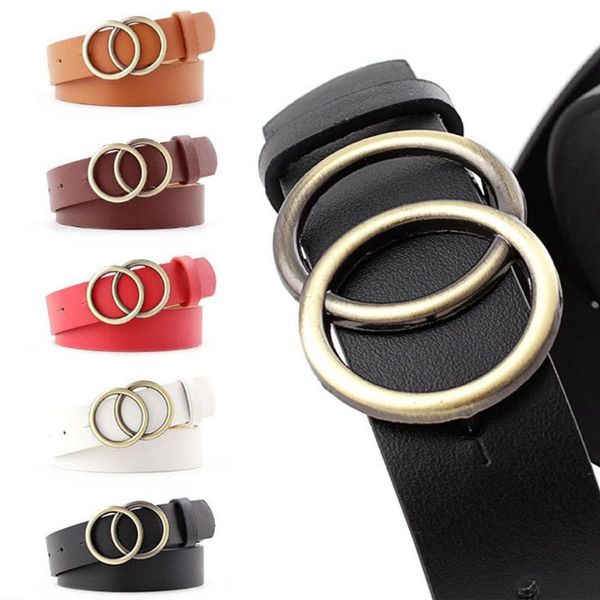

sanwood fashion women faux leather double round buckle adjustable belts 2020 waist belt for jeans dress casual waistbands 108cm, Black;brown