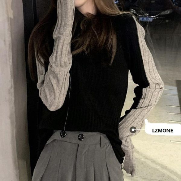

women's sweaters high collar color contrast pullover autumn and winter head loose korean knitted top, White;black