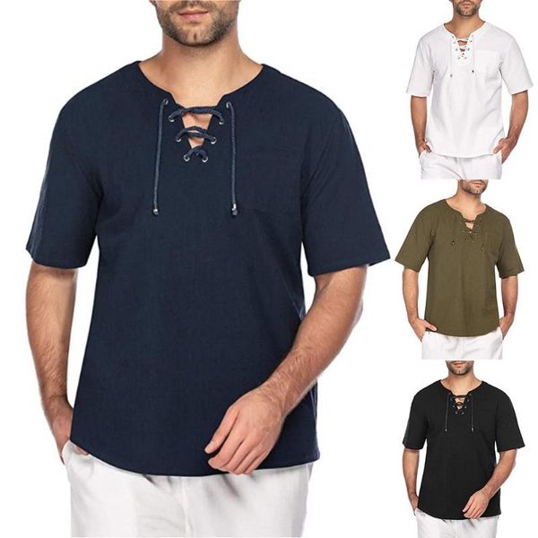 

casual summer men solid color short sleeve bandage pocket linen t-shirt top, White;black