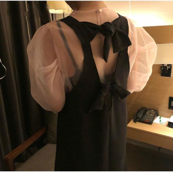 

2021 new summer fashion korean girls shirt round neck lantern sleeves organza see through sweet shirt female a229, White