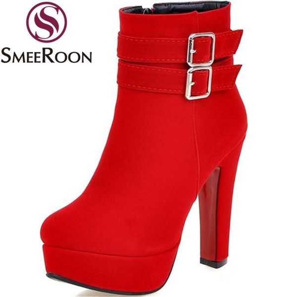 

smeeroon fashion buckle flock ankle boots for women round toe high heels boots keep warm winter party shoes platform, Black
