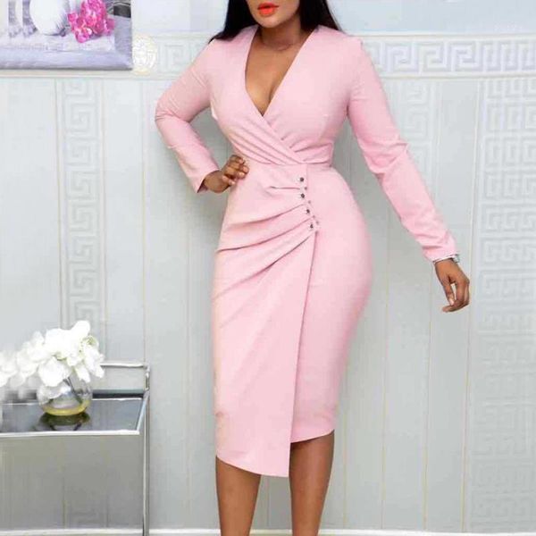 

fashion dress women elegant pink blue long sleeve v neck vestidos slim office lady solid midi dresses casual work summer autumn1, Black;gray