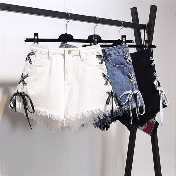 

vintage snowflake inelastic women denim with high waist straps tassel female summer shorts for women's jeans, White;black