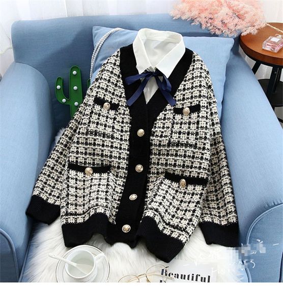 

new knitted plaid contrast sweater cardigans women v-neck single breasted pockets female sweaters 2020 autumn casual lady coats, Black