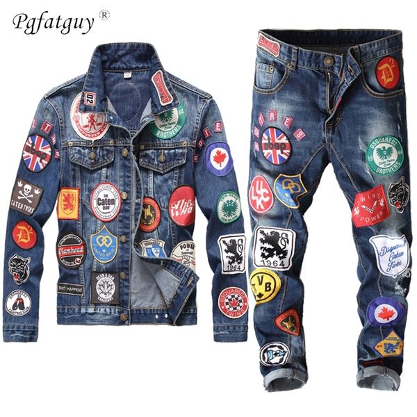 

Multi-badge Denim Jacket and Jeans Two Piece Sets Men's Tide Brand Worn Slim Badge Jacket + Hole Stitching Embroidery Jeans 201109, Gray