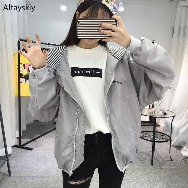 

jackets women hooded zipper loose printed simple all-match korean style daily leisure jacket womens thin outerwear, Black;brown