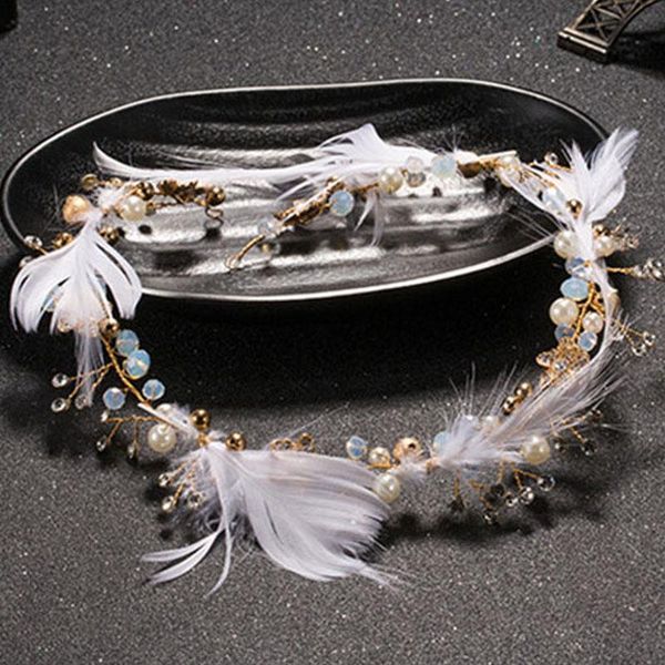 

white feather headband bridal hair jewelry sweet rhinestone pearl tiaras headdress wedding headpiece women hair accessories lb, Golden;silver