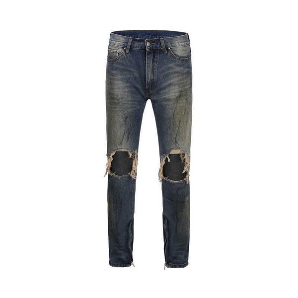 

men's jeans big hole dirty jeans knee hole, Blue
