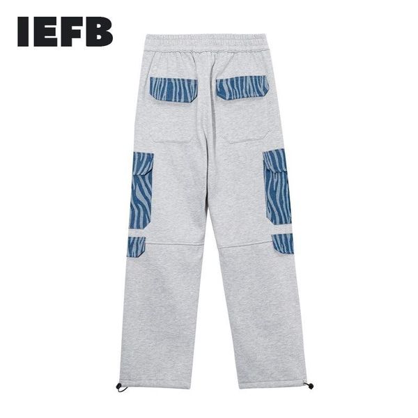 

men's pants iefb high street plush sweatpants fashion loose straight tube large pocket patchwork casual trousers elastic waist, Black