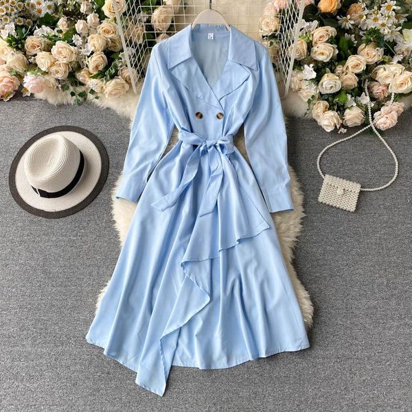 

casual dresses singrain autumn irregular solid dress women retro button lace up long sleeve korean elegant a-line streetwear vestidos1, Black;gray