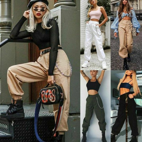 

womens fashion cargo trousers army combat casual jogger pants tracksuit bottoms1, Black;white