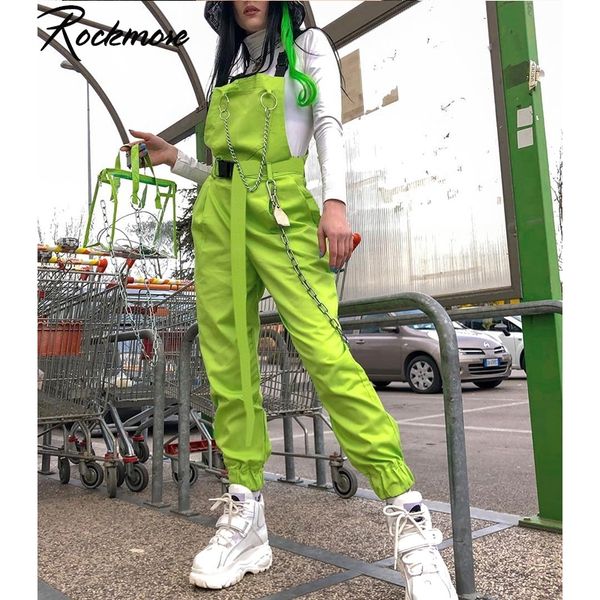 

rockmore punk overalls women cargo pants with chain streetwear buckle strappy high waist long pants harajuku femme trousers fall 201031, Black;white