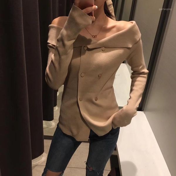 

2020 blusas de inverno feminina spring new knit sweater female sleeve word collar hedging double button retro knitted women1, White;black