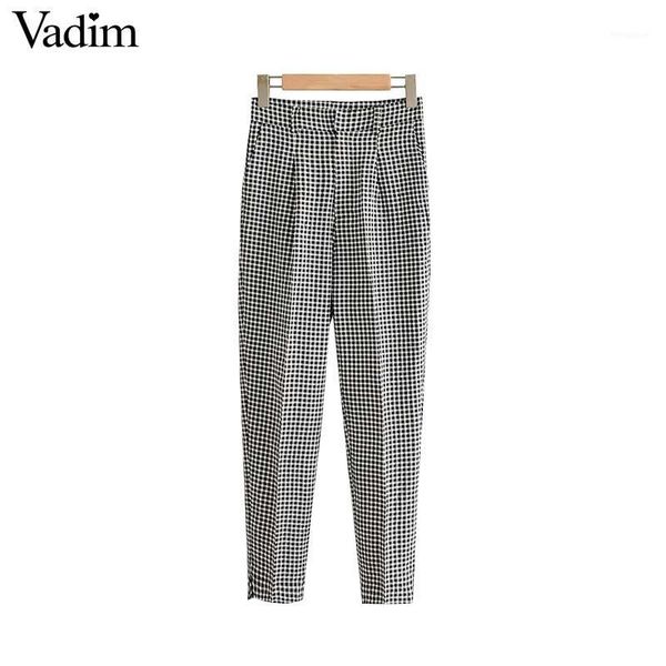 

vadim women retro basic plaid pants checkered zipper pockets office wear female formal ankle length trousers kb1321, Black;white