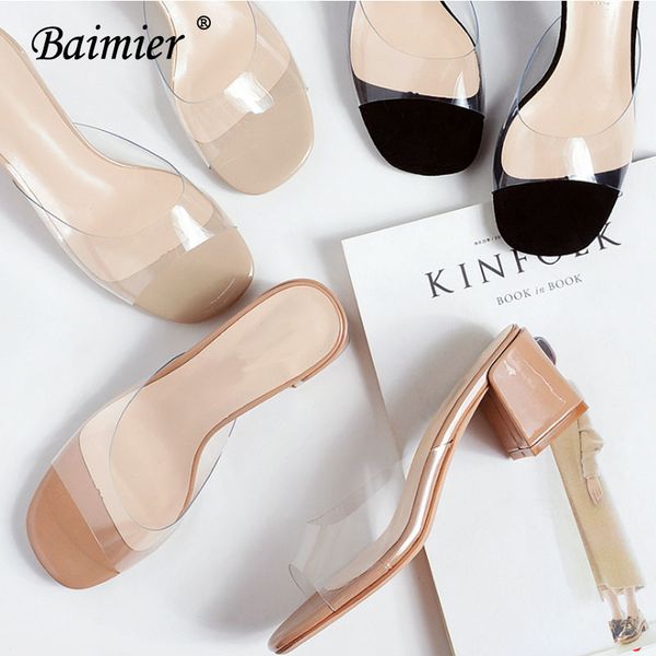 

2020 fashion open toe sandals women transparent pvc mules outdoor slipper women chunky heel casual shoes t200515, Black