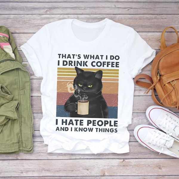 

women cartoon cat 90s coffee funny fashion halloween print lady t-shirts womens graphic t shirt ladies female tee t-shirt, White
