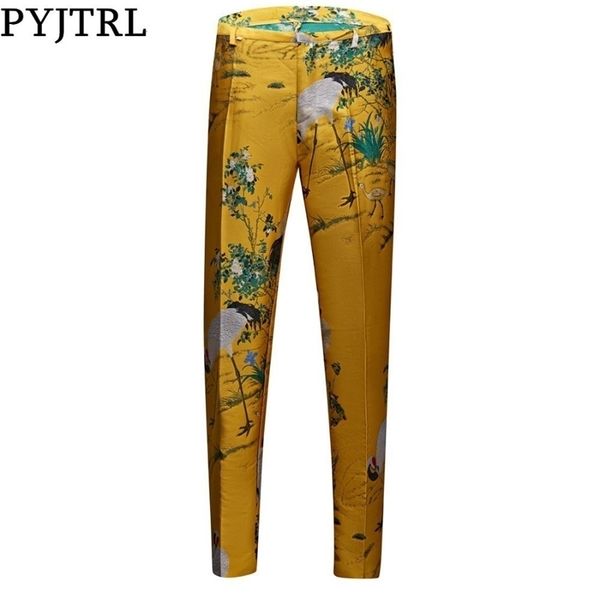 Pyjtrl Mens moda ouro padrão amarelo brocado jacquard ternos calças noivo noivo cantores cintura ajustável calças 201106