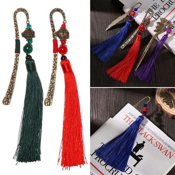 

new retro chinese style metal tassels bookmark handmade weave long tassel beads traditional book mark office student stationery