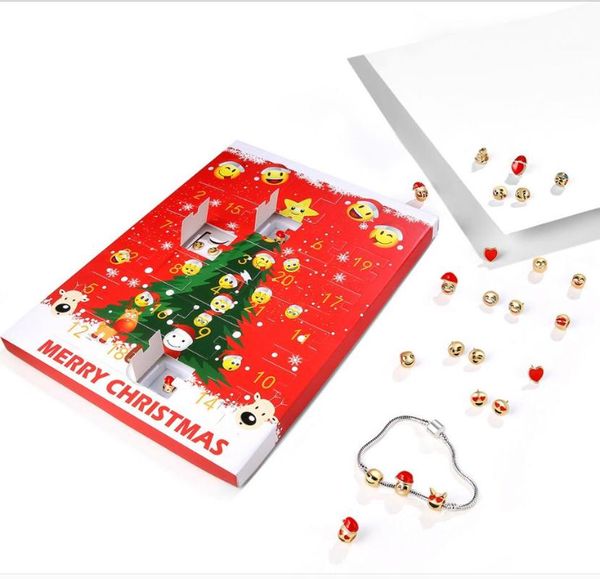 

NEW Christmas Ornaments Calendar Gift Box 15PCS Face Beads 1PCS Bracelet 8 Pairs Stud Set DIY gift Jewelry making Accessory JS29, Silver