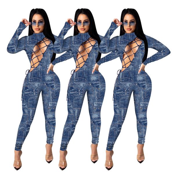 

bandage panelled womens designer jumpsuits hollow out long sleeve long pants womens jean jumpsuits casual females jean clothing, Black;white