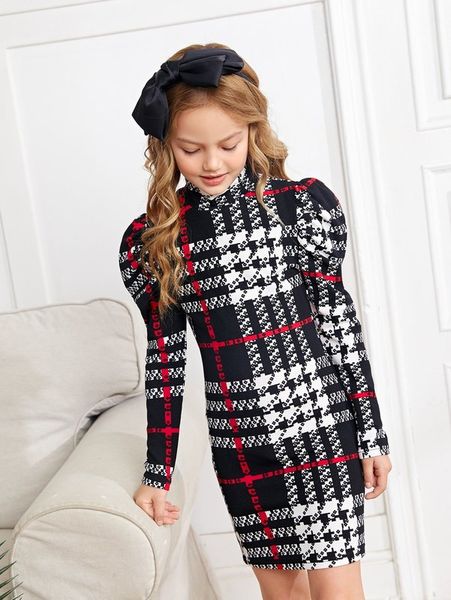 

girls plaid gigot sleeve mock neck dress she, Red;yellow