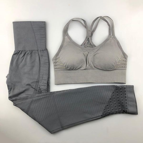 

seamless yoga set women fitness clothing sportswear woman gym leggings padded push-up strappy sports bra 2 pcs sports suits1, Gray