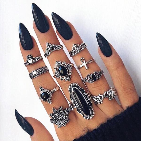 

europe 11 pcs/set band ring sets tin alloy elephant lotus crown cross vintage elegant dark black rhinestone deisgner jewelry for women ring, Silver
