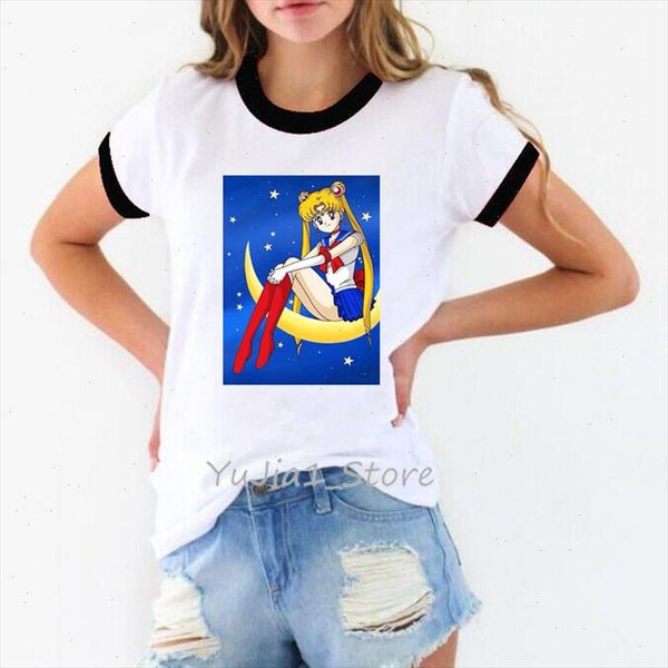 

summer 2021 tee shirt femme anime sailor moon print t shirt women harajuku kawaii clothes korean style streetwear t shirt, White