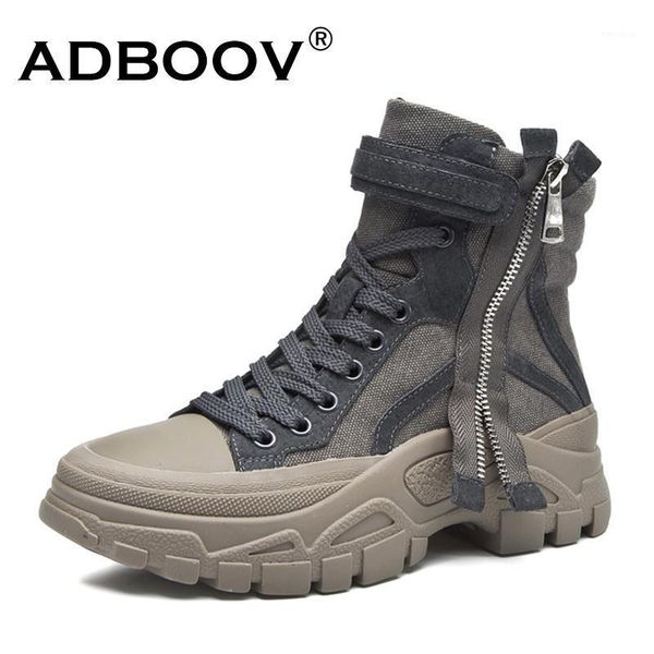 

adboov platform women boots side zip canvas ankle boots women botas mujer invierno 2020 hi-canvas shoes1, Black