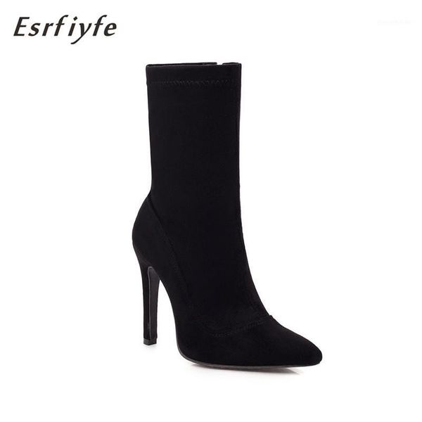 

boots esrfiyfe 2021 sock pointed toe elastic slip on high heel short stiletto botas zapatos de mujer shoes1, Black