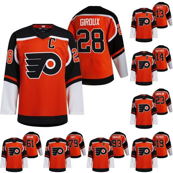 

philadelphia flyers 2021 reverse retro claude giroux carter hart kevin hayes travis konecny sean couturier oskar lindblom braun jersey, Black;red