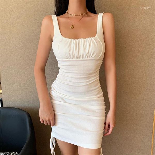 

ruched cotton ribbed mini dress spaghetti strap drawstring square collar women 2021 summer bodycon white fitted dresses1, Black;gray