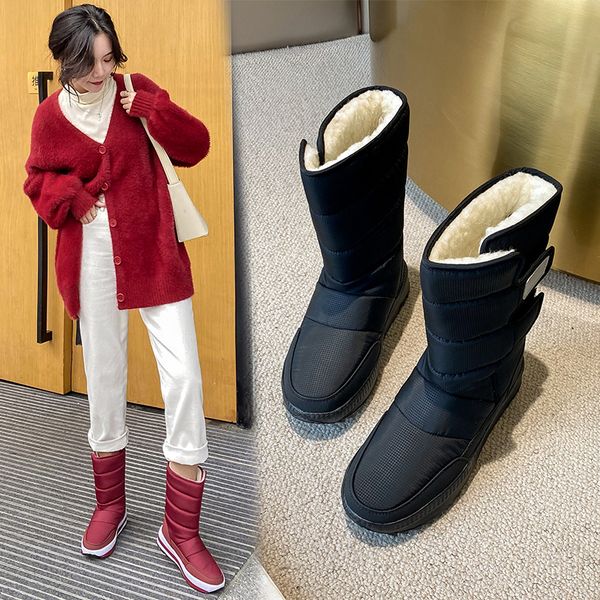 

women dwaterproof ankle water down flat winter cloth warm platform imitation hair-lined lamb women's boots b6j1, Black