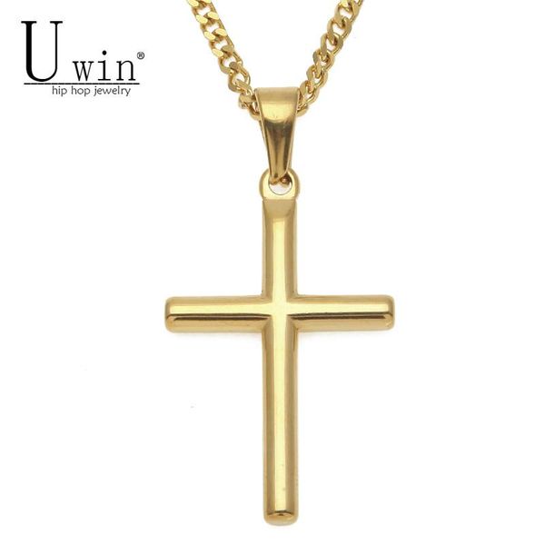 

chains uwin golden stainless steel cross pendant charm men hip hop necklace cuban chain fashion punk jewelry, Silver