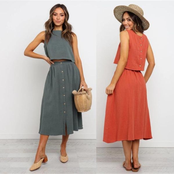 

two piece dress women round neck sleeveless a-line single breasted high waist skirts sets1, White