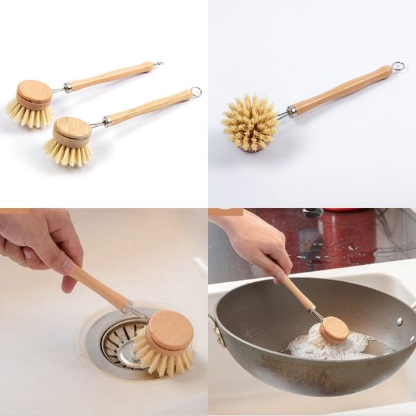 

natural wooden long handle pan pot brush dish bowl washing cleaning brush & replacement brush heads household kitchen cleani 114 j2