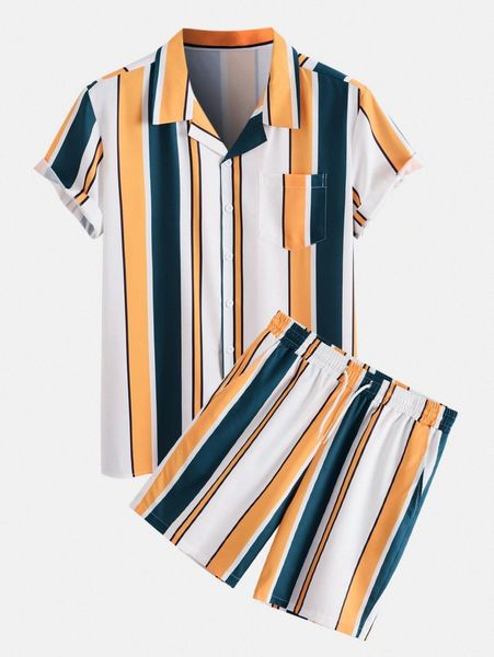 

men block striped patched pocket shirt & shorts y8sm#, Gray