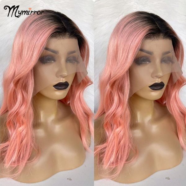 

lace wigs mymirror 1b/pink bob wig ombre pink human hair front 13x4 transparent frontal with dark roots, Black;brown