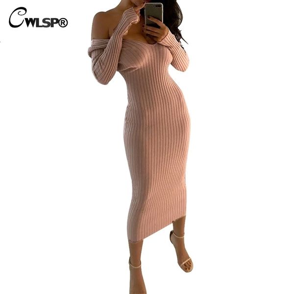 

cwlsp skinny ribbed sweater dress women slash neck off shoulder long sleeve dresses slim vestido longo robe femme ql3644 y200120 es, White;black
