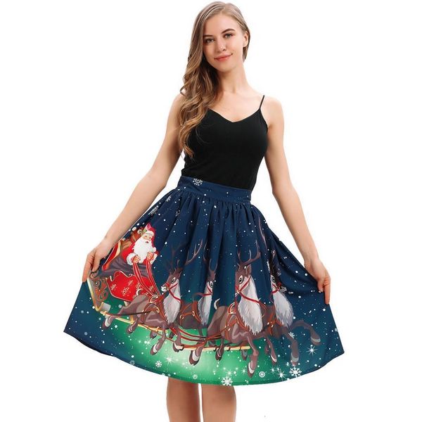 

skirts womens christmas fashion women santa digital printed stretchy flared a line skirt cute mujer moda faldas, Black