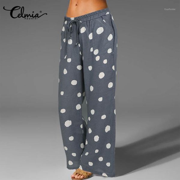 

casual polka dot trousers women vintage linen wide leg pants loose elastic waist print long palazzo pantalon mujer plus size 5xl1, Black;white