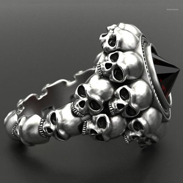 

cluster rings gothic skull finger ring men's wedding gold silver color retro skeleton red stone for men party punk jewelry d5m4781, Golden;silver