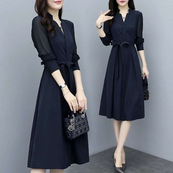 

dress 2020 v-neck new women's spring waistband slim with french long sleeve elegant chiffon skirt, Black;gray