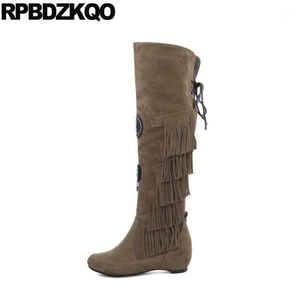 

shoes fringe round toe genuine leather wedge lace up handmade tall height increasing knee high long women boots winter 20201, Black