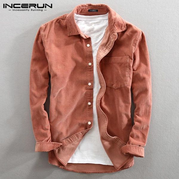 

incerun corduroy shirt men vintage long sleeve button blouse autumn 2020 lapel harajuku casual solid color streetwear shirts men1, White;black