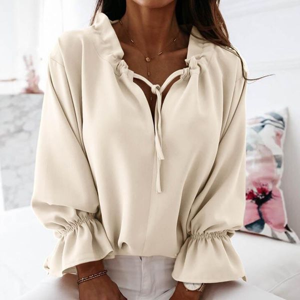

blouse women shirt ruffle long sleeve feminine blouse 2020 solid v neck fashion woman blouses 2020 autumn ladies female new1, White
