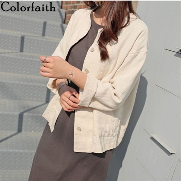 

colorfaith new summer fall women's jacket fashionable casual loose pockets outerwear short cotton and linen jk8109 201210, Black;brown