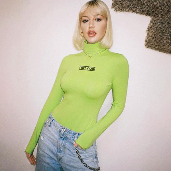 

new green letter print bodysuit for women bodycon skinny body suit turtleneck long sleeve playsuit printed romper jumpsuits, Black;white